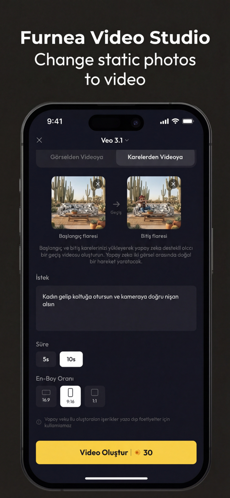 Furnea app interface showing the AI tool to convert static furniture photos into short videos