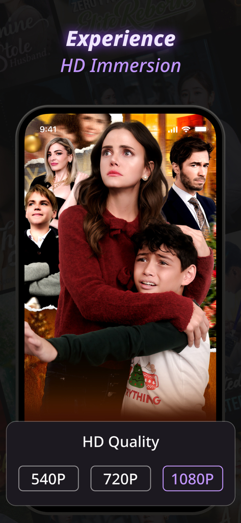 ReelyGo app interface showing 1080p HD quality options and a dramatic short film scene.