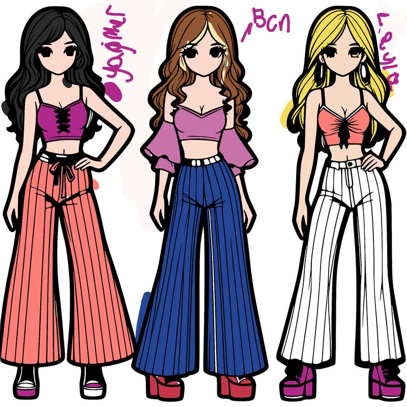 girls with flare pants and crop tops realistic