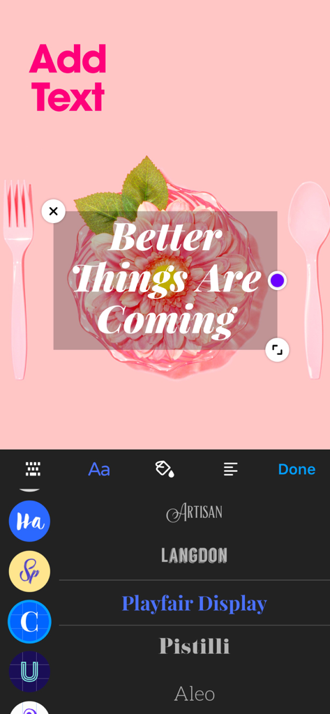 POTO - POTO mobile app interface for adding stylish text and choosing fonts on a photo