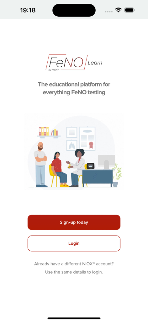 Tela de boas-vindas da plataforma educacional FeNO Learn para profissionais de saúde respiratória.