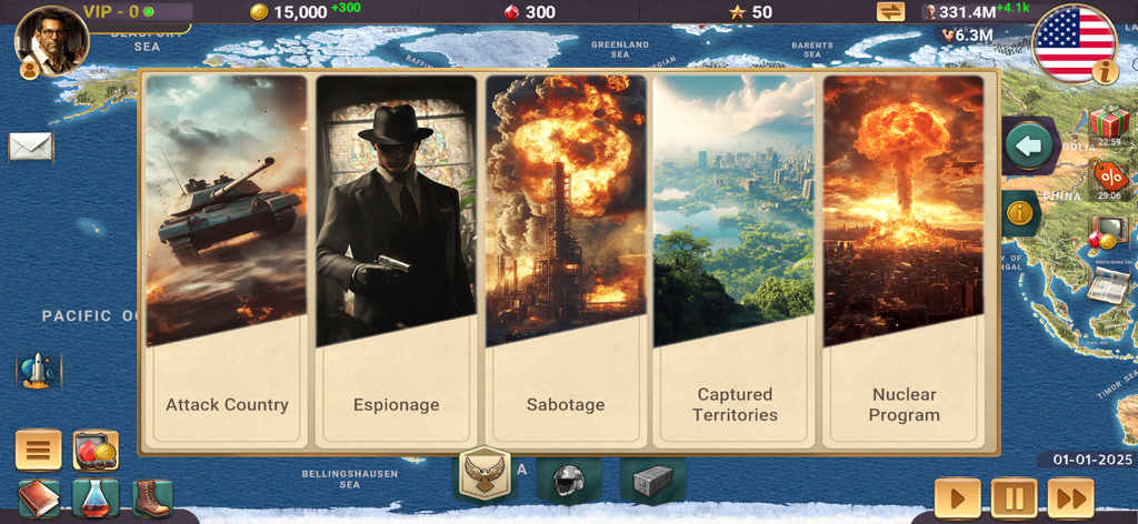 MA 3 – President Simulator - Menü für militärische und Spionage-Strategieoptionen in Modern Age 3 President Simulator