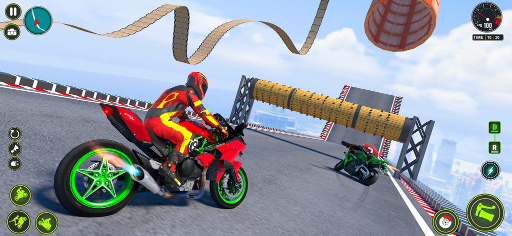 Mega Ramp Bike Stunt Games - A motorcycle rider in a red and yellow suit performs stunts on a high altitude ramp track with obstacles