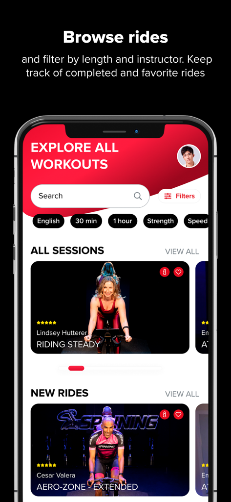 Spinning Indoor Cycling - Interface do aplicativo Spinning exibindo uma biblioteca de treinos de ciclismo indoor com filtros e cartões de instrutor.