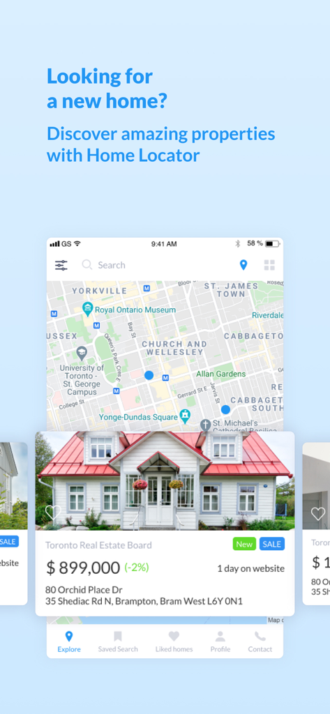 Aplicativo Localizador de Imóveis exibindo um mapa imobiliário e uma listagem de casa com preço