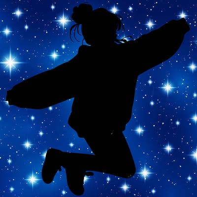 realistic girl jumping with a bun and oversized sweatshirt