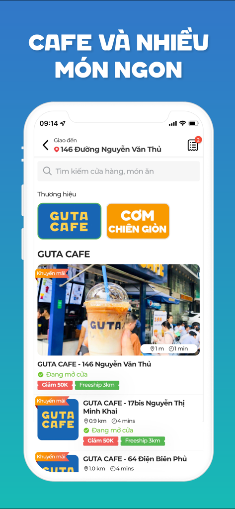 Guta App - The Guta Cafe mobile app interface displaying a list of nearby coffee shops and food categories in Ho Chi Minh City