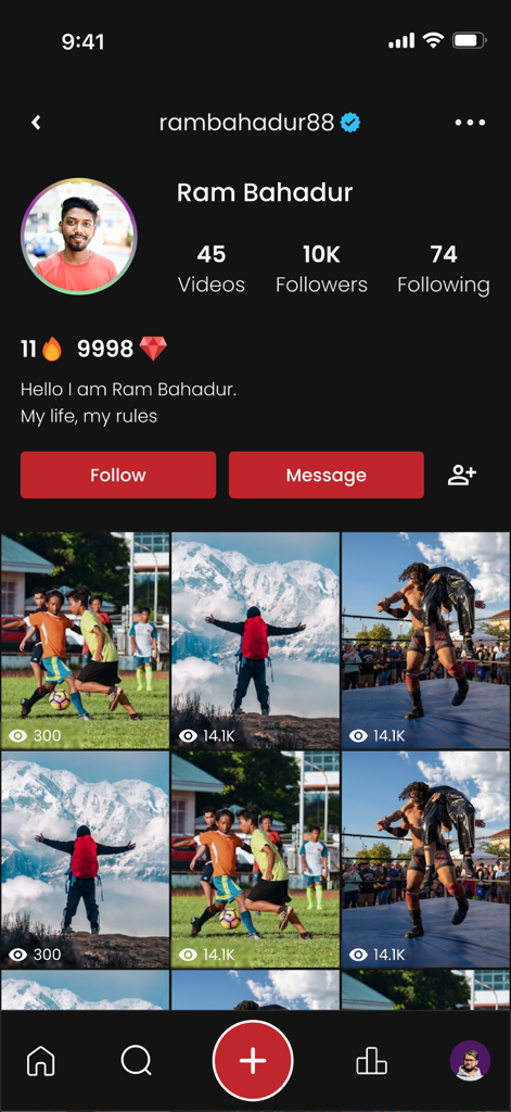 Uma página de perfil de usuário no aplicativo KuKu mostrando estatísticas de seguidores e uma grade de vídeos curtos postados.
