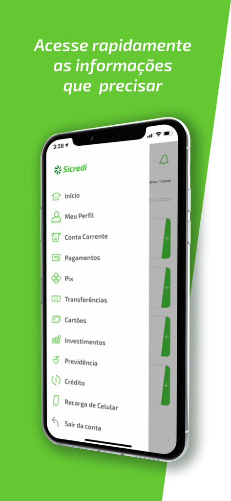 Sicredi para smartphone - Menu principal de l'application bancaire Sicredi sur un smartphone montrant divers services financiers tels que les transferts, les paiements et les investissements.