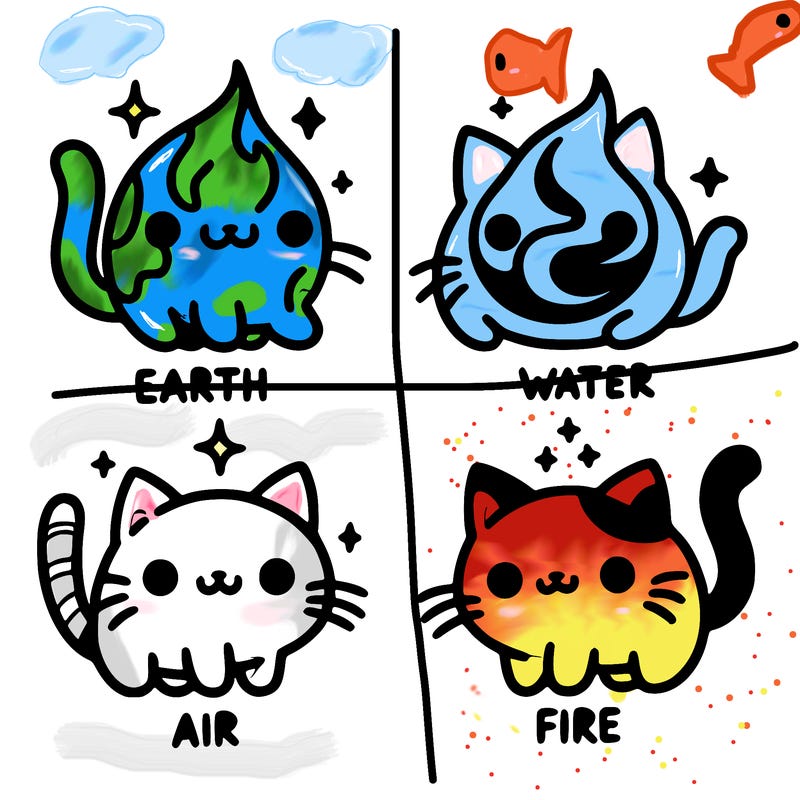 4 cats that represent the different elements, earth, water, air, and fire