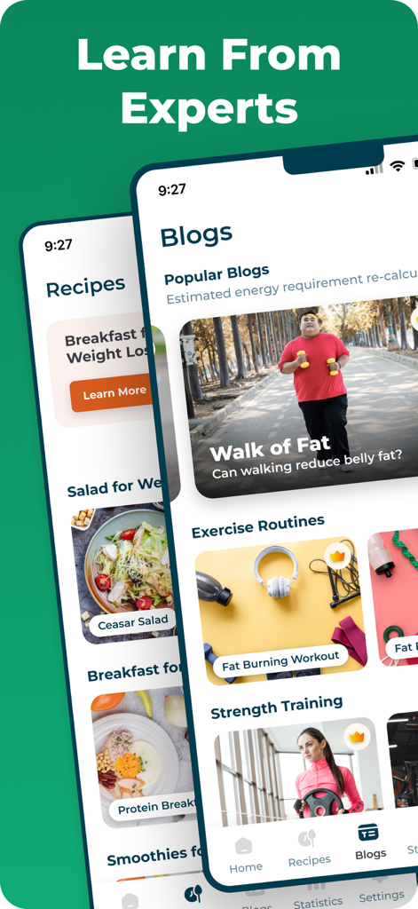 BMI, BMR & Body Fat Calculator - Healthy recipes and fitness blog sections in the BMI and BMR calculator app