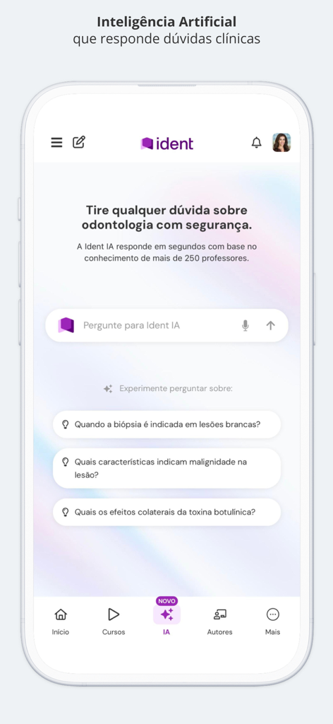 Mobile screen of the Ident app showing an AI assistant interface for answering dental clinical questions.