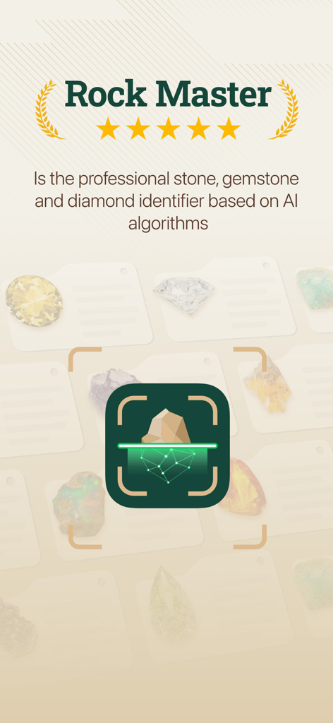 Rock Master: Rock Identifier - Rock Master app intro screen promoting its professional AI stone and gemstone identification features