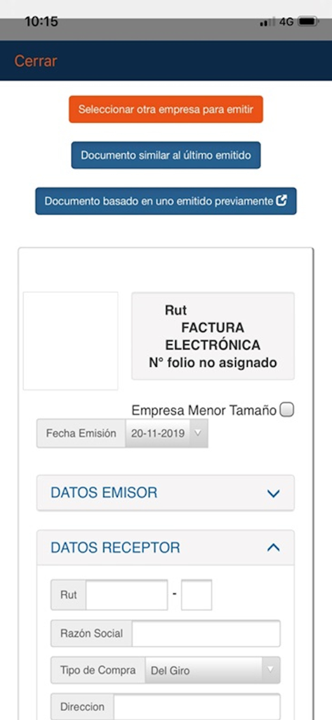Formulario de creación de factura electrónica en la interfaz de la aplicación móvil e-Factura.