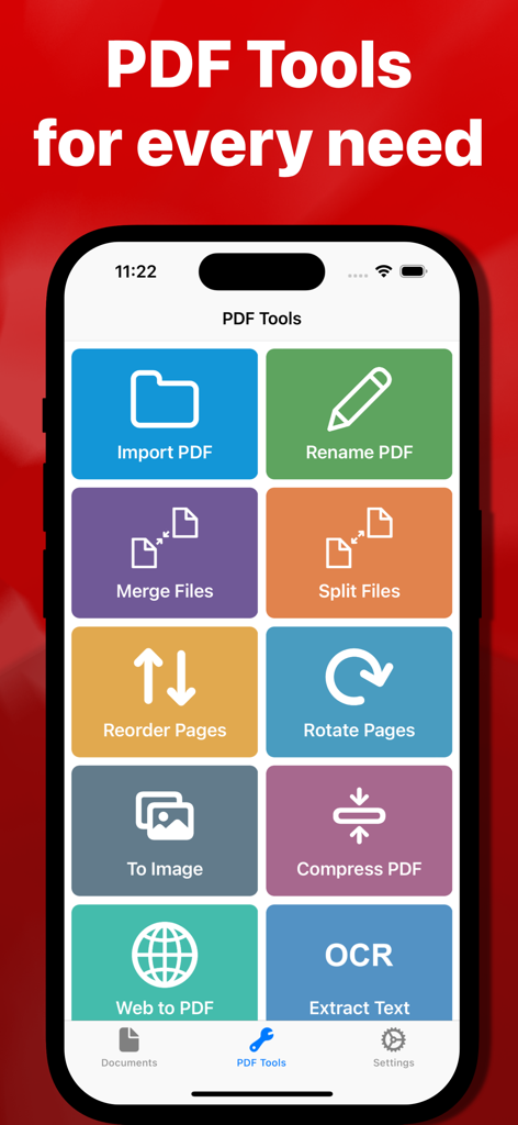 Eine mobile Oberfläche mit verschiedenen PDF-Werkzeugen wie Zusammenführen, Aufteilen, Komprimieren und OCR