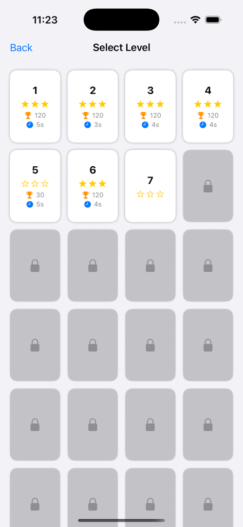 Link & Arrow - Link and Arrow level selection menu showing player progress with star ratings and completion times