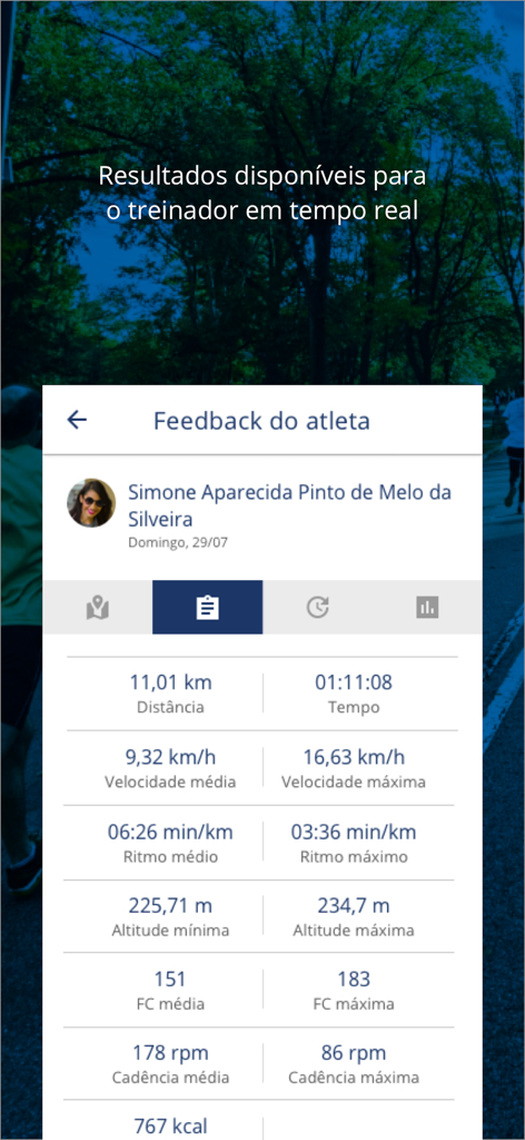 Treinus - Interface do aplicativo móvel exibindo métricas detalhadas de performance do atleta, como distância e frequência cardíaca, para coaching profissional.