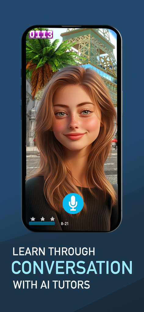 FluentWorlds-Spanish & English - A smartphone screen showing an AI tutor in a 3D environment for immersive language learning through conversation.