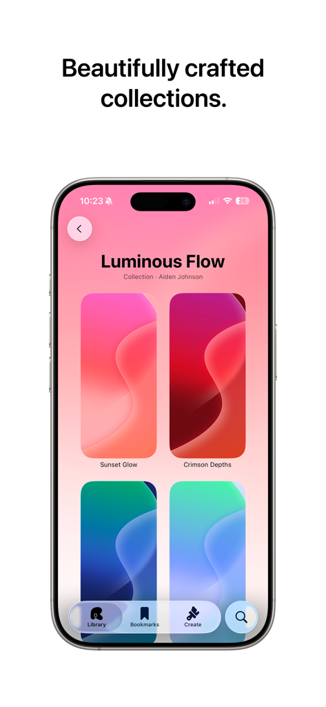 Radiance Wallpapersアプリ。Luminous Flowコレクションの抽象アーティストグラデーションを表示しています。