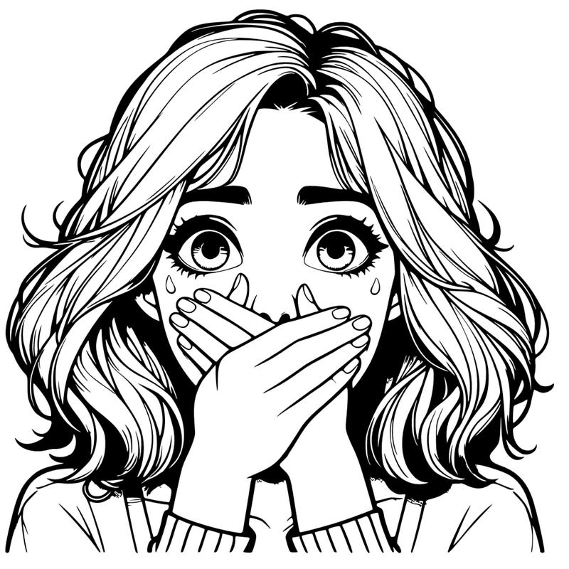 realistic girl covering her mouth with her hand wide eyed in shock and fear