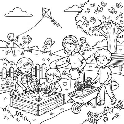 Bring this lively park scene to life with your favorite colors! Watch as children play, garden, and enjoy a beautiful day outdoors in this engaging coloring page. Perfect for inspiring creativity and connection with nature.