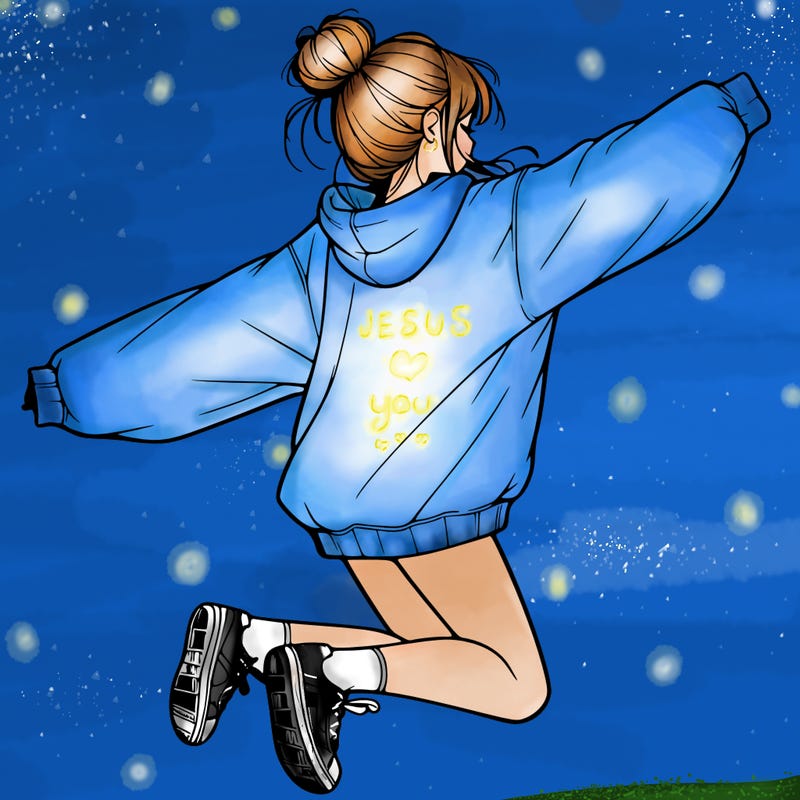 realistic girl jumping with a bun and oversized sweatshirt