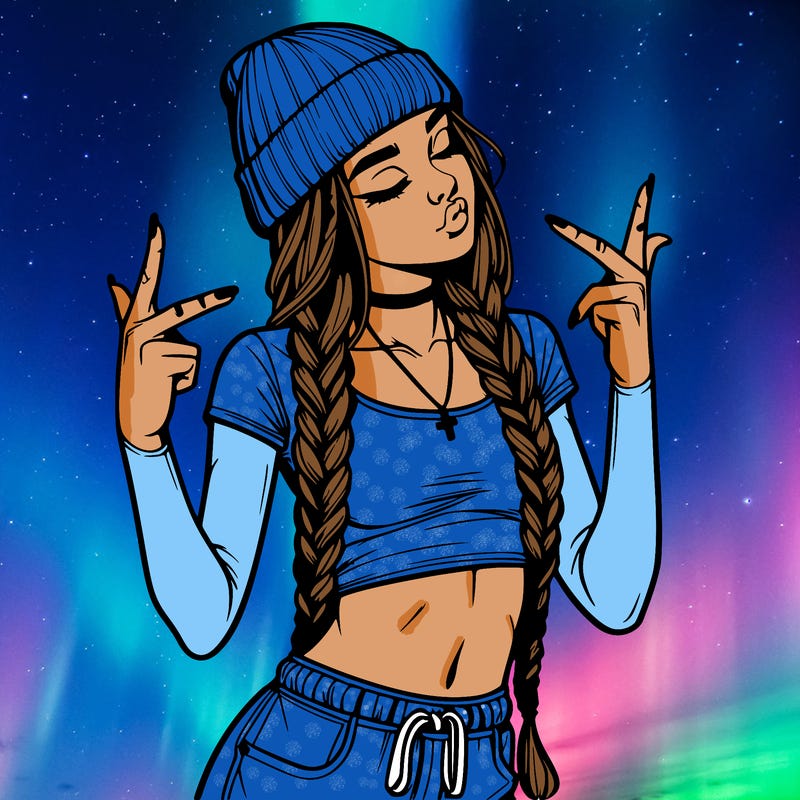 realistic teenage girl with braids and a beanie and crop top doing 🫶🏼