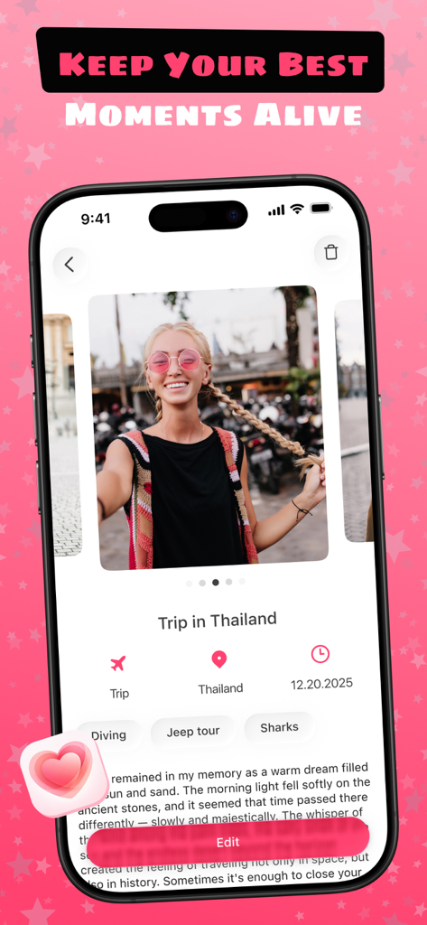 Azar - Be Happy - Azar app interface showing a digital memory journal entry for a trip to Thailand with a photo and descriptive tags