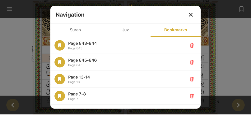 Dual Page 13 line Quran - Bookmarks navigation screen displaying saved page numbers in the Quran app.
