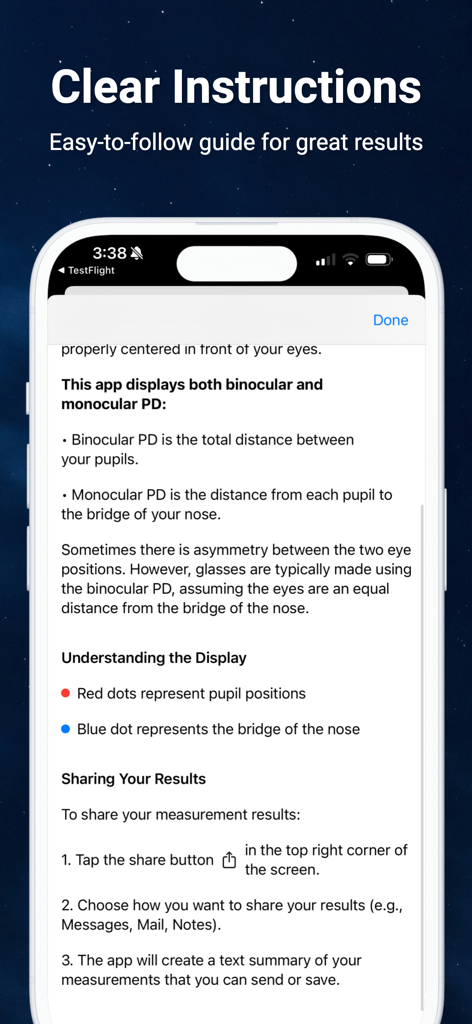 Pupillary Distance - Anzeigebildschirm der Pupillendistanz-App, der binokulare und monokulare Messungen erklärt