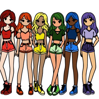 a group of girls wearing crop tops and shorts
