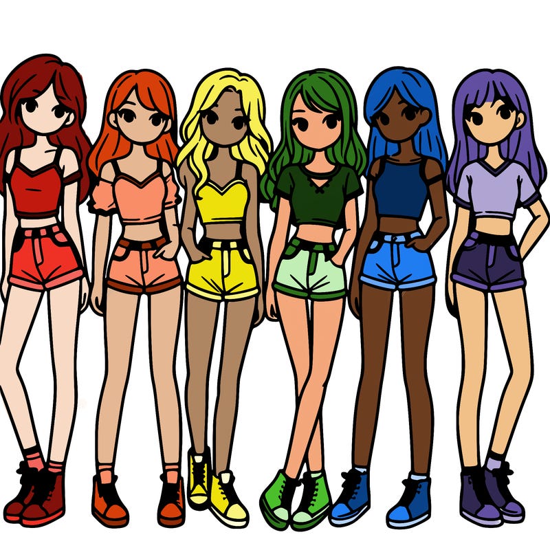a group of girls wearing crop tops and shorts