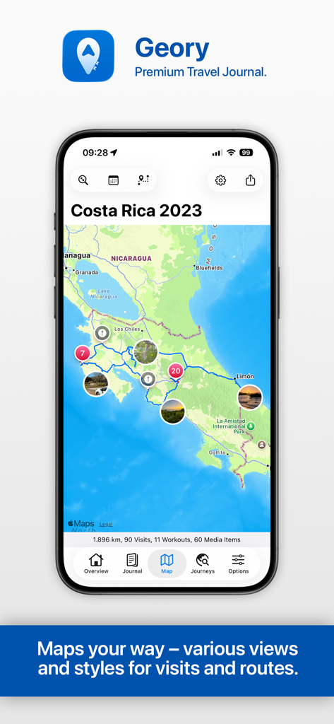 Geory app map interface displaying travel routes and visits in Costa Rica