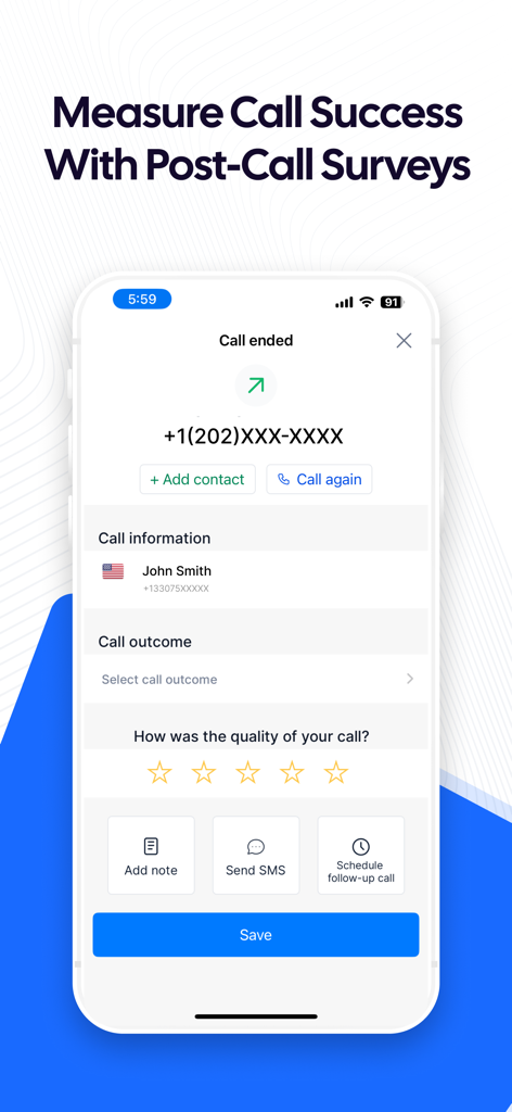JustCall - Cloud Phone System - JustCallモバイルアプリの画面。通話後のアンケートと通話結果の選択を表示