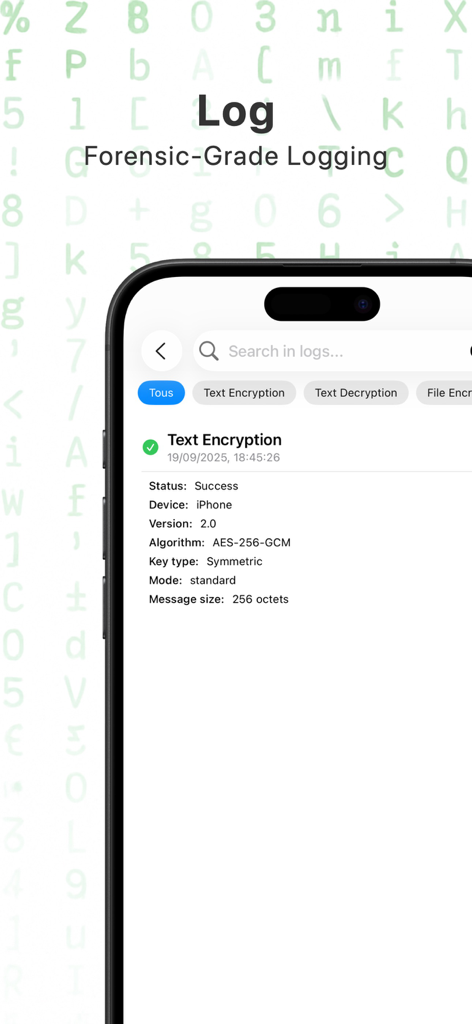 Crypto Tools (De)Encryption - Entrada de registro forense que muestra detalles de cifrado de texto AES-256-GCM exitoso