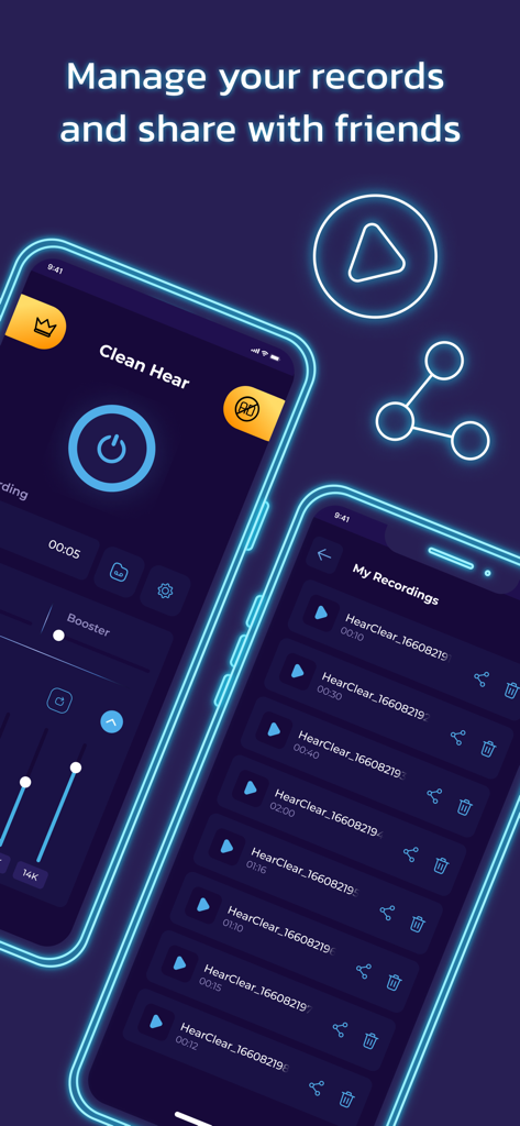Hearing Amplifier: Clear Sound - A mobile app interface showing a list of saved audio recordings with options to play and share them.