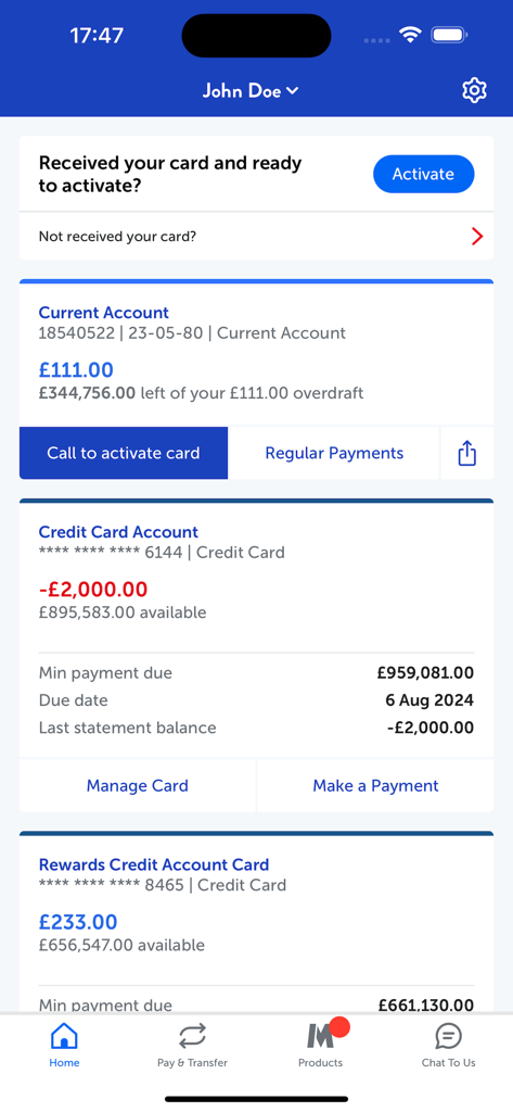 Metro Bank Mobile Banking - Metro Bank mobile banking home screen showing account balances and card activation prompt