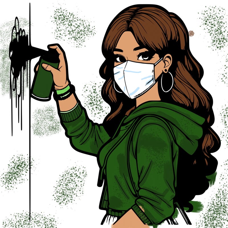 realistic girl with mask spray painting a wall