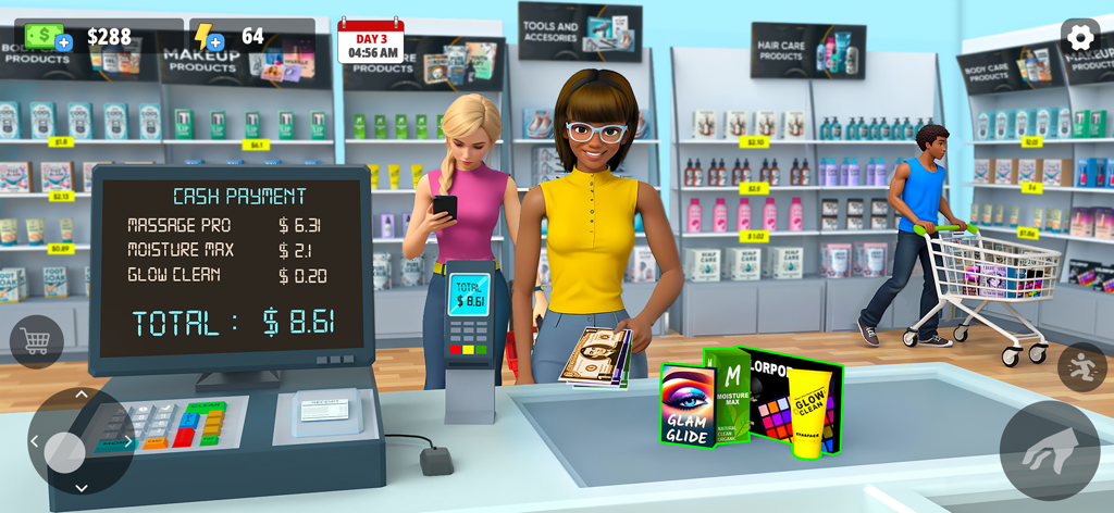 My Makeup Shop Simulator - A character processing a cash payment at a makeup shop checkout counter with beauty products on the shelves.