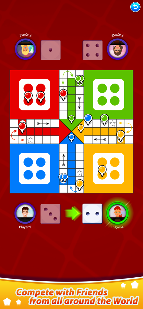Four player match in Ludo Stars family dice game
