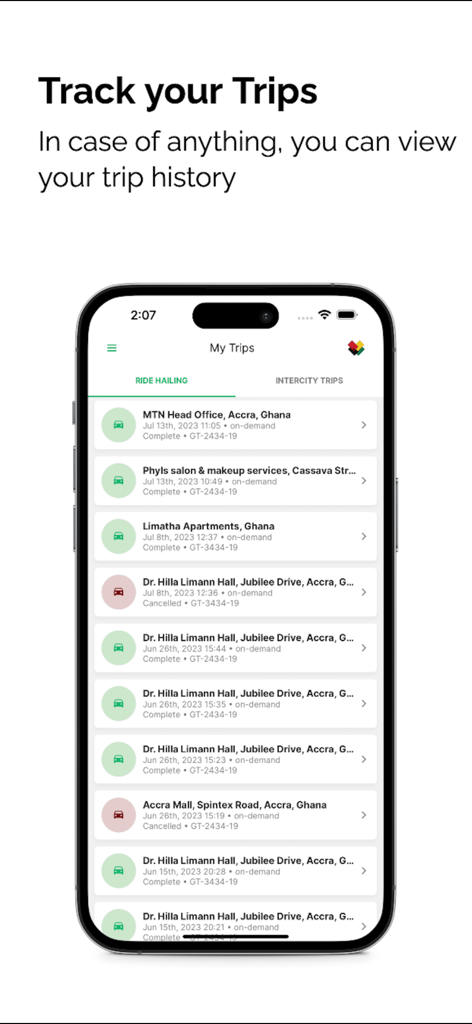 Tap n' Go - Commute in Ghana. - iPhone display showing the Tap n Go app trip history page with a list of ride hailing services in Ghana