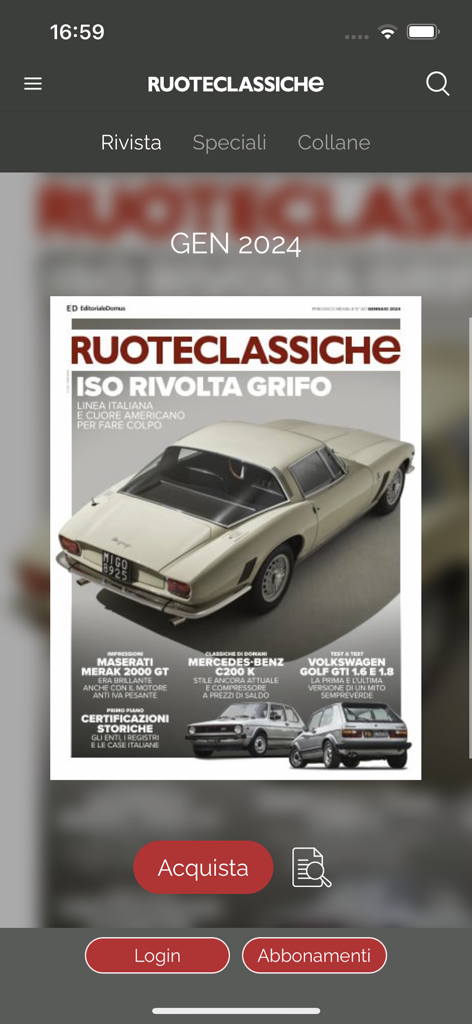 Ruoteclassiche - Interfaccia dell'app mobile Ruoteclassiche che mostra la copertina del numero di gennaio 2024 con una classica Iso Rivolta Grifo