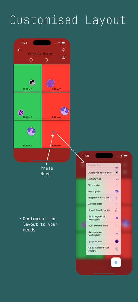 Cell Counter App - Screenshot of the Cell Counter App showing the customized layout feature where users can select and assign different cell types to buttons on a grid