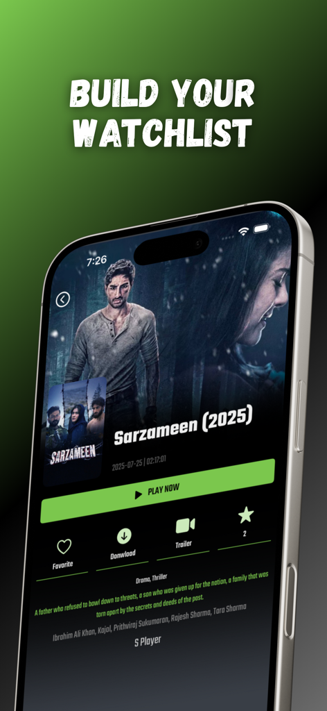 S Player Pro - S Player Pro App-Oberfläche auf dem iPhone, die eine Film-Detailseite mit der Überschrift 'Erstelle deine Watchlist' anzeigt