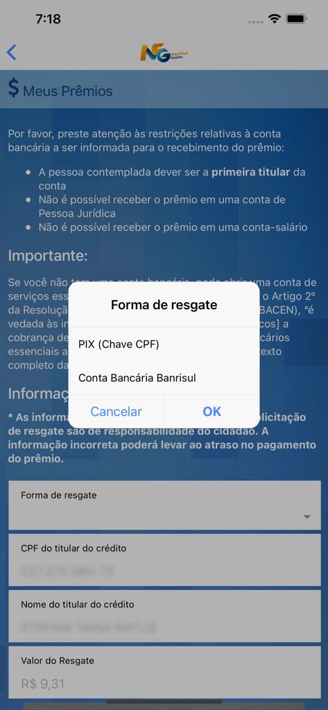 Nota Fiscal Gaúcha - Oficial - Nota Fiscal Gaucha app screen showing prize redemption options for PIX or Banrisul bank accounts