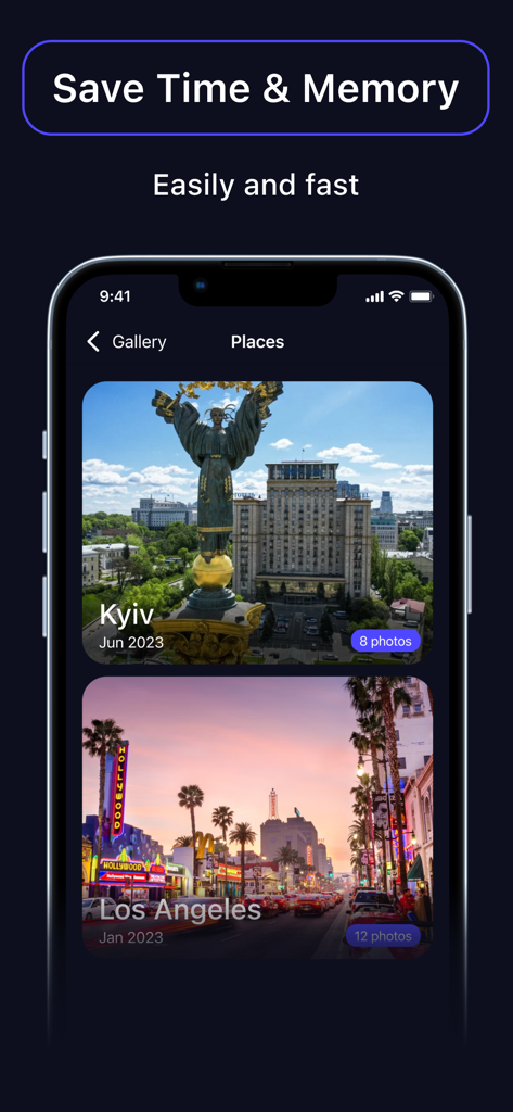 Interface of AI Cleaner Pro Photos app displaying a gallery organized by locations such as Kyiv and Los Angeles