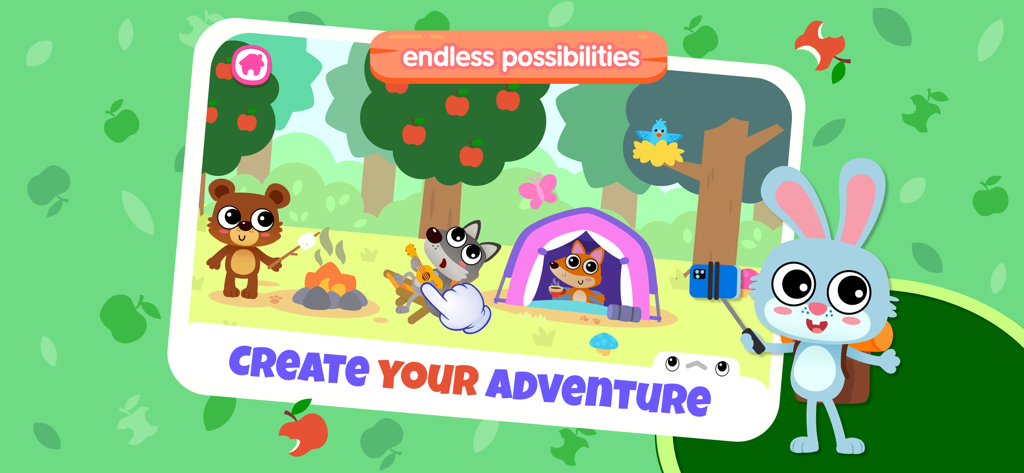 Animated animals camping in a forest with a campfire and tent in Mega World life games for kids