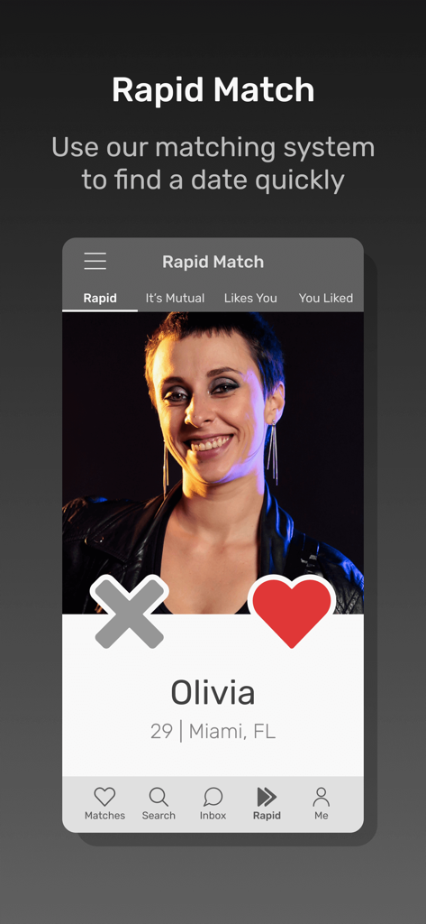 The Rapid Match interface of the Meet Metal Heads dating app featuring a user profile with heart and cross icons