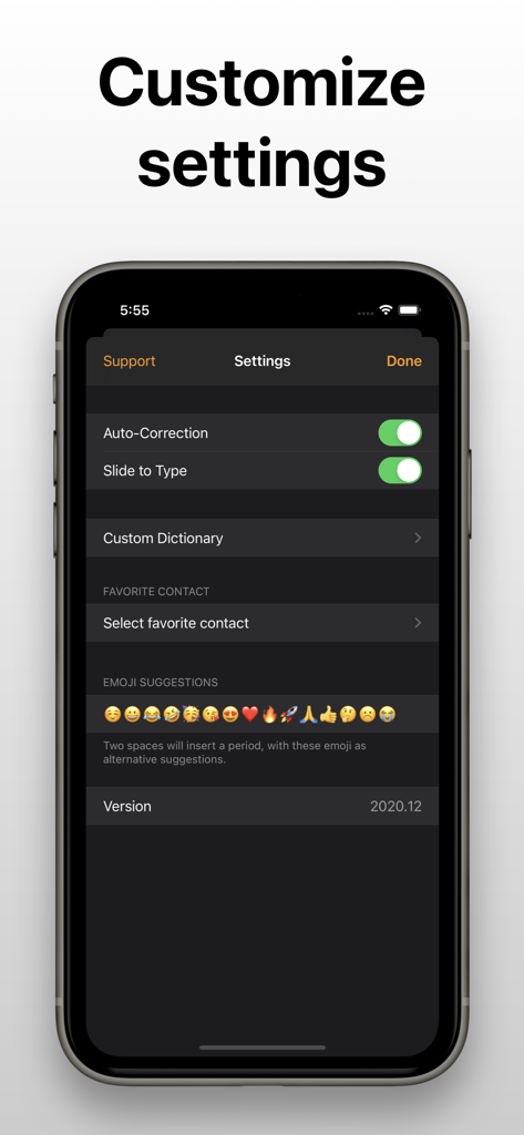 FlickType - Watch Keyboard - FlickType app settings screen on an iPhone showing options for auto-correction slide to type and emoji suggestions