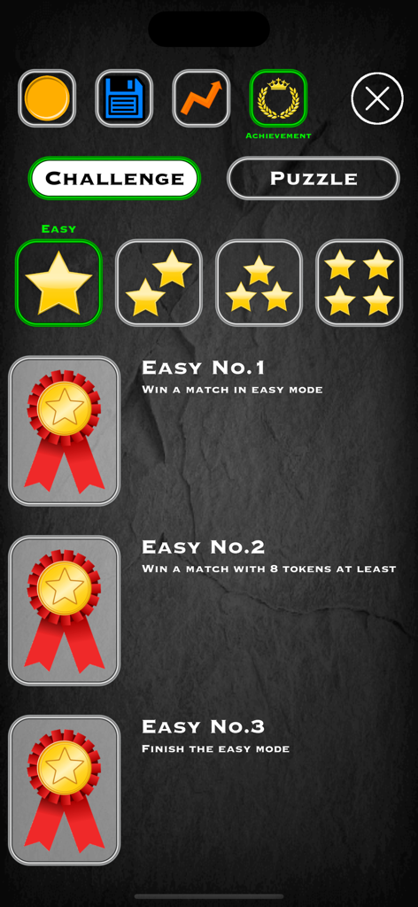 Achievements screen of 4 In A Row board game showing earned medals for Easy mode challenges